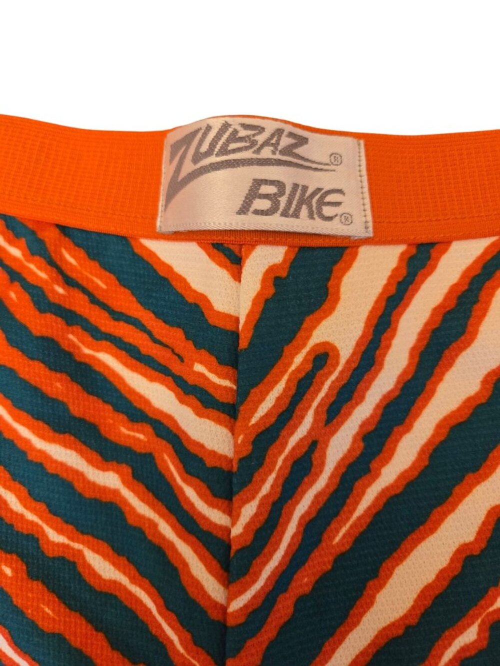Vintage Zubaz Bike Medium Retro Orange Teal Zebra Striped Athletic Shorts - Picture 2 of 7